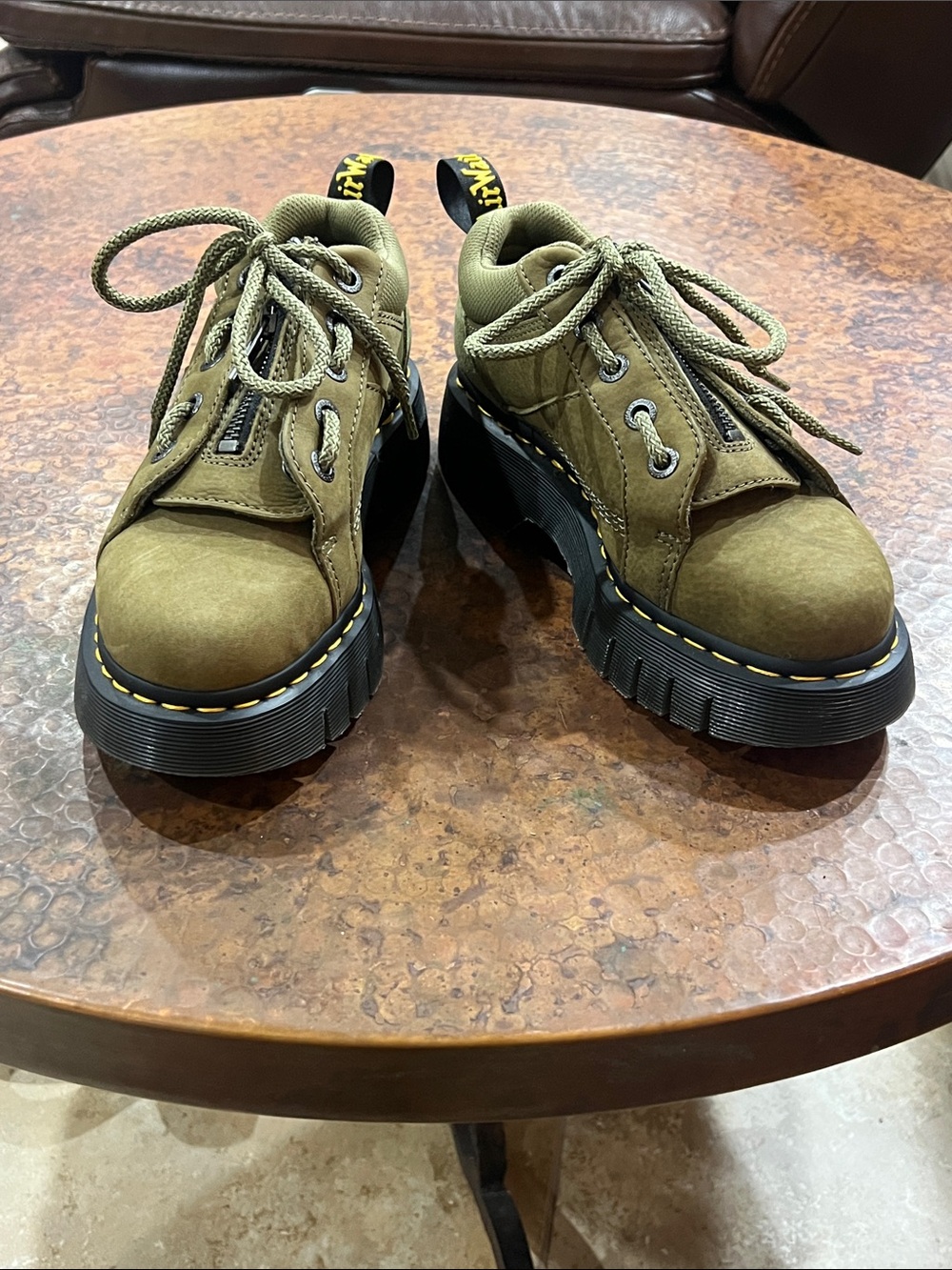 Dr. Martens Woodard Tumbled Nubuck Leather Low Casual Boots in Muted Olive color